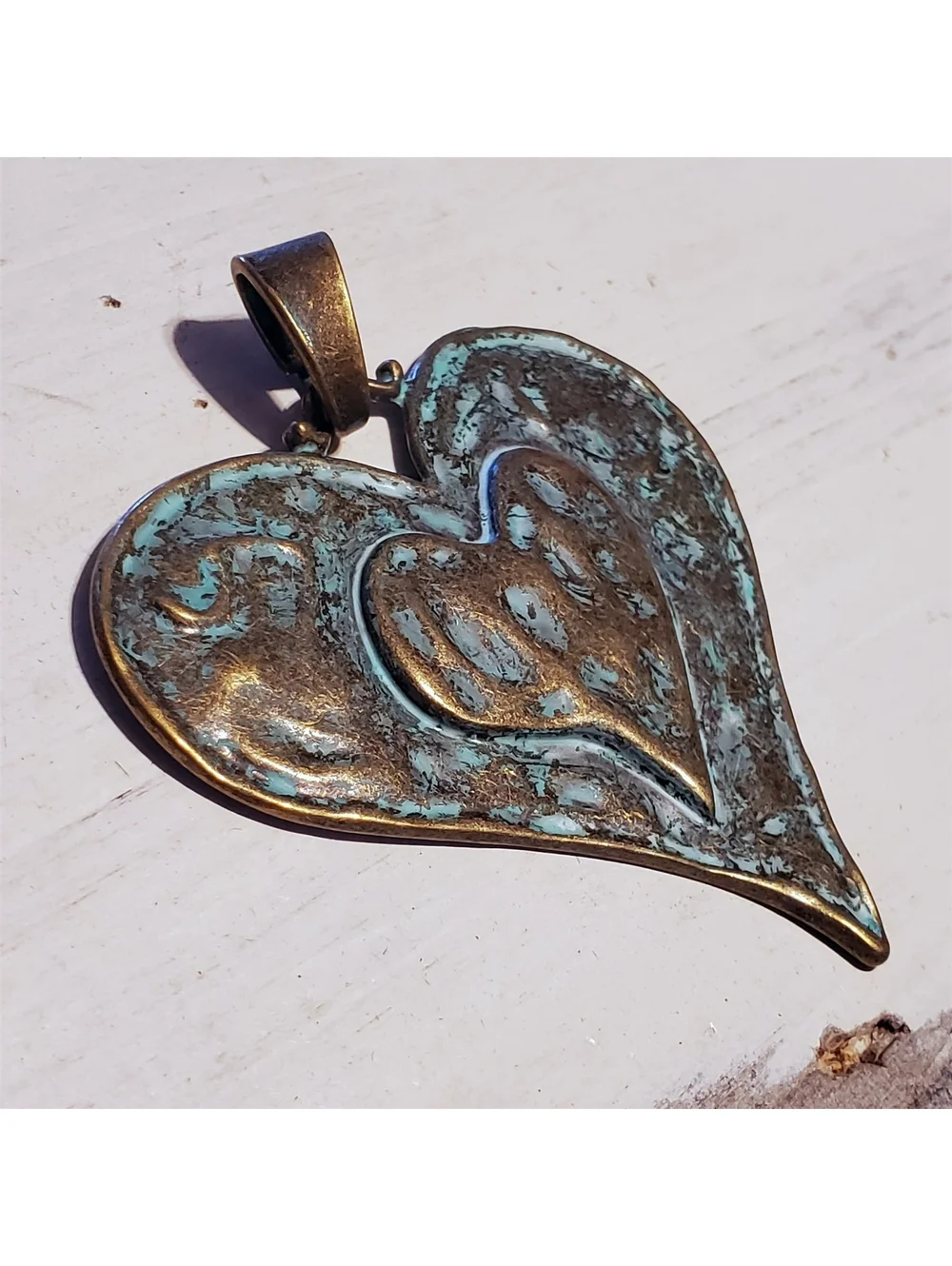 Antique Bronze Hammered Verdigris Green Patina Large Carved Heart Pendant